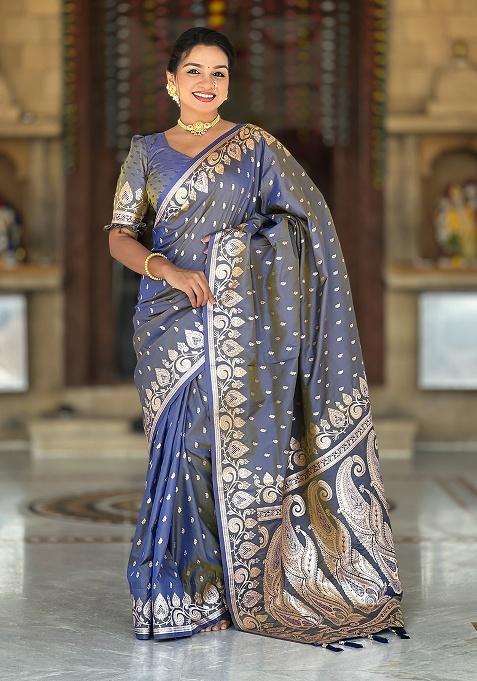 Grey Woven Work Silk Saree Set