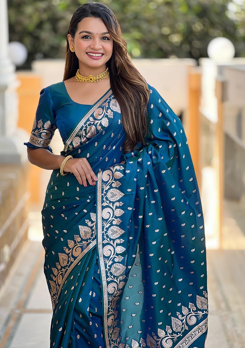 Morpeach Woven Work Silk Saree Set - Indya