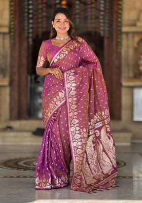Onion Woven Work Silk Saree Set