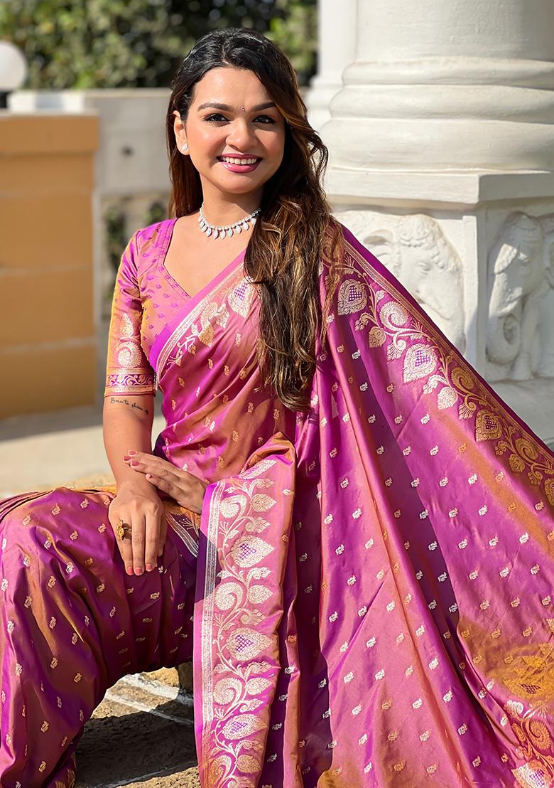 Onion Woven Work Silk Saree Set - Indya