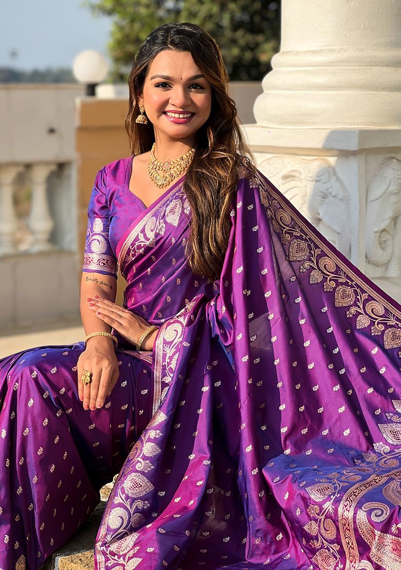 Purple Woven Work Silk Saree Set - Indya