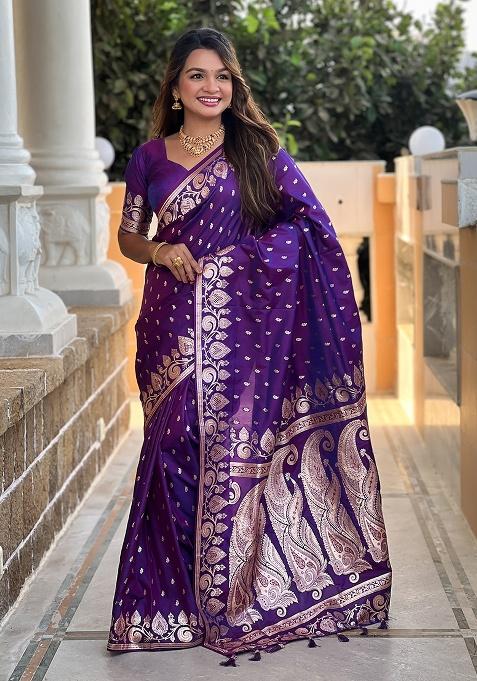 Purple Woven Work Silk Saree Set