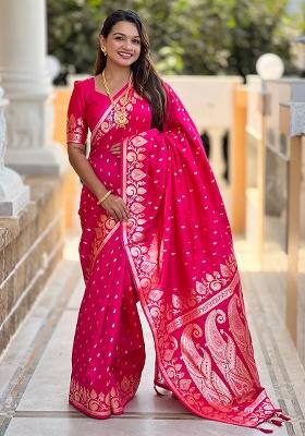 Rani Pink Woven Work Silk Saree Set