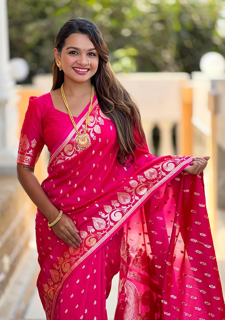 Rani Pink Woven Work Silk Saree Set - Indya