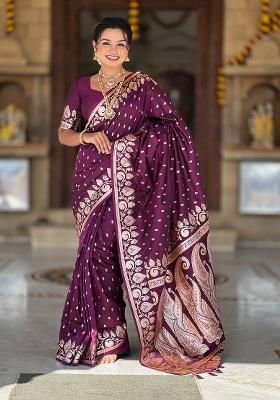 Wine Woven Work Silk Saree Set