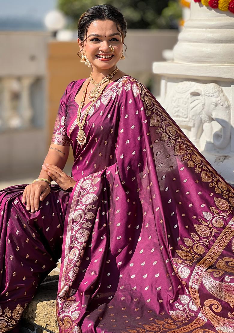 Wine Woven Work Silk Saree Set - Indya