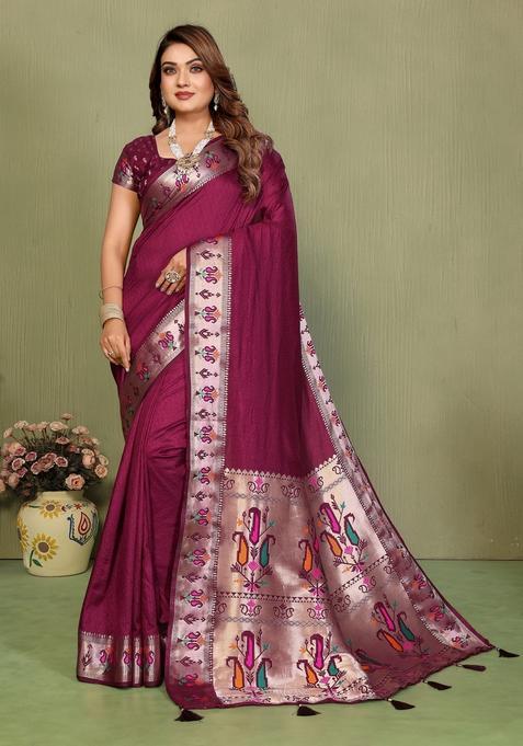 Wine Weaving Silk Saree Set