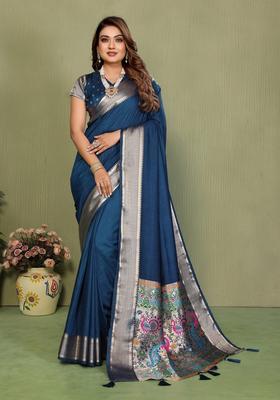 Teal Weaving Silk Saree Set