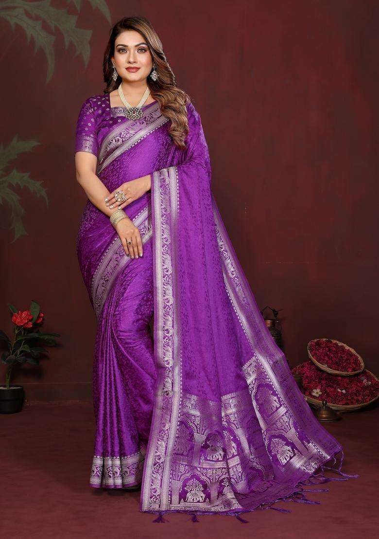 Purple Zari Work Silk Blend Saree Set - Indya
