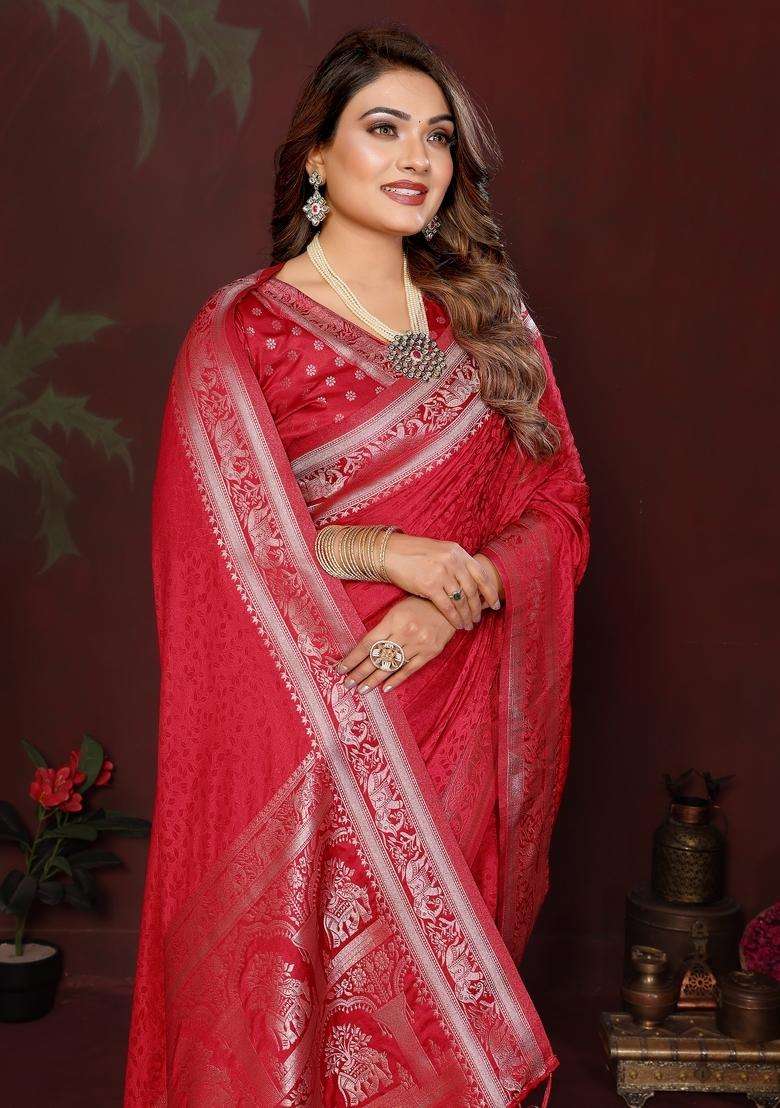 Red Zari Work Silk Blend Saree Set - Indya