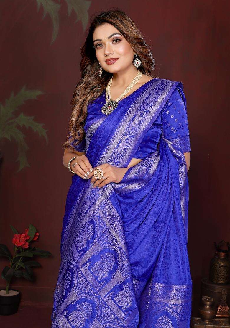 Royal Blue Zari Work Silk Blend Saree Set - Indya