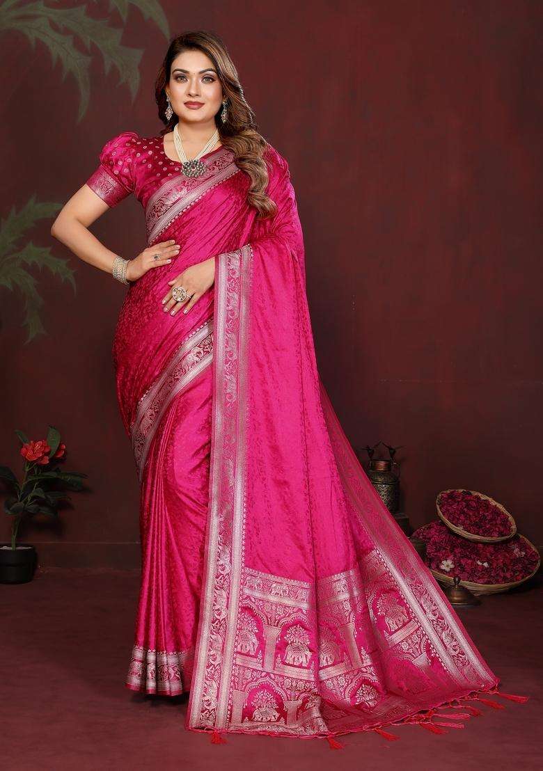 Magenta Zari Work Silk Blend Saree Set - Indya