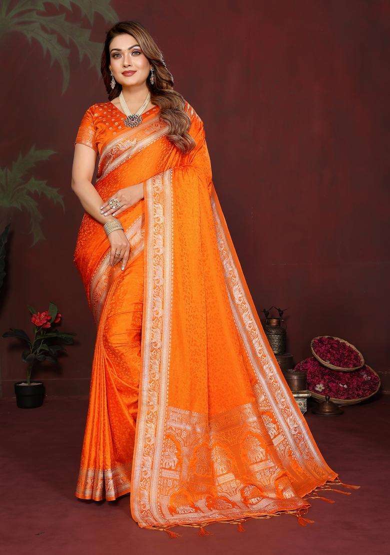 Orange Zari Work Silk Blend Saree Set - Indya