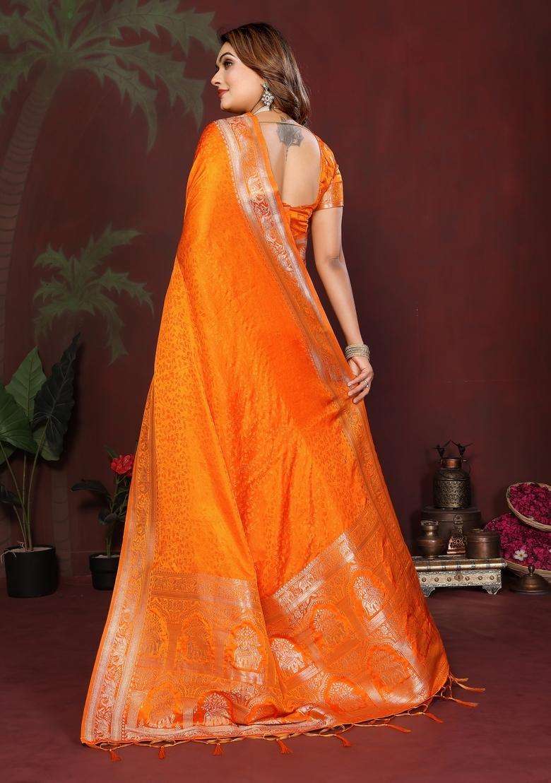 Orange Zari Work Silk Blend Saree Set - Indya