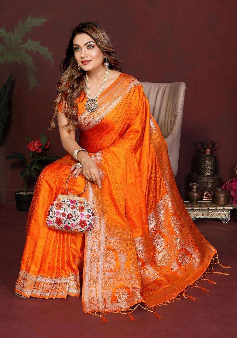 Orange Zari Work Silk Blend Saree Set - Indya