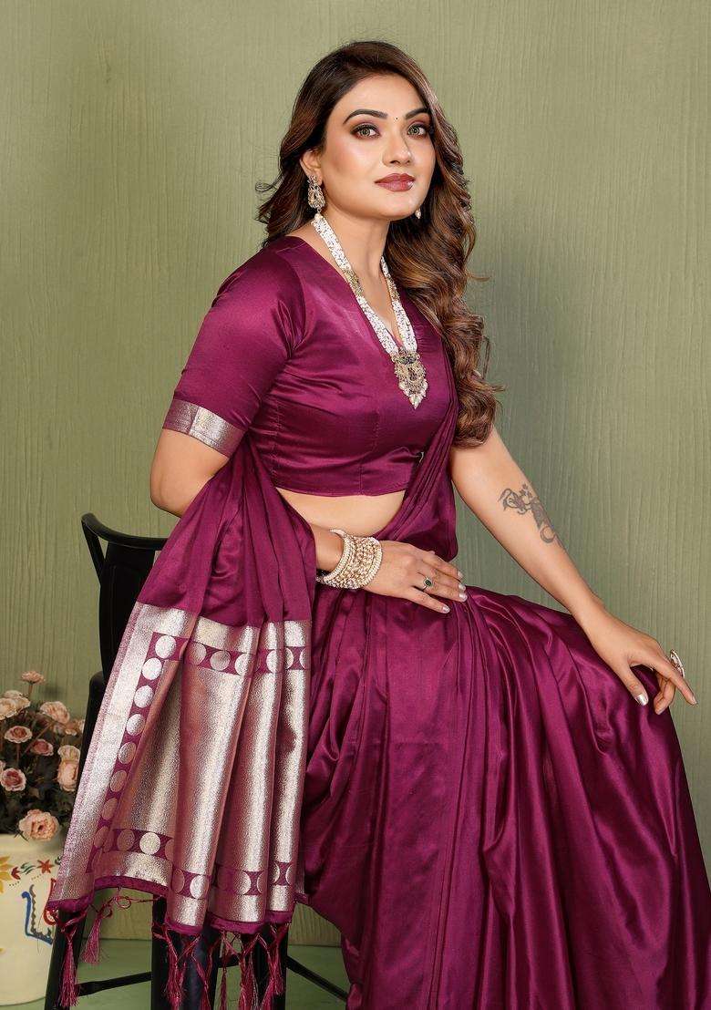 Wine Zari Work Silk Blend Saree Set - Indya