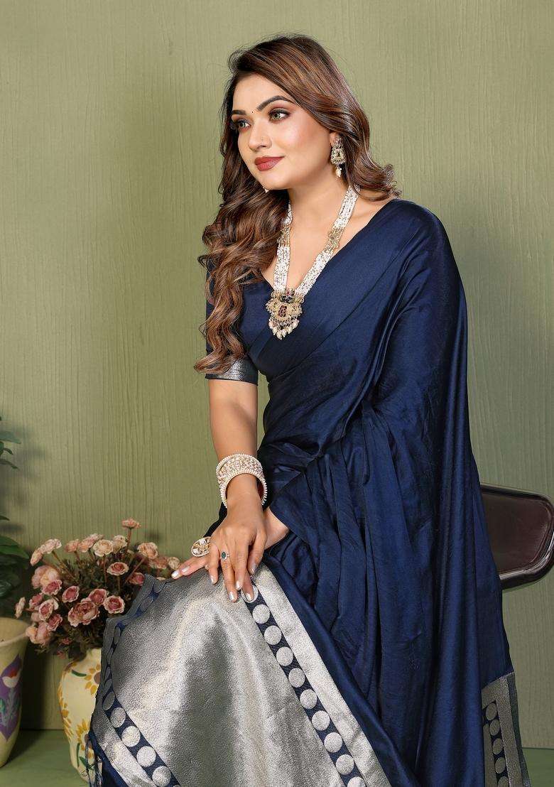 Navy Blue Zari Work Silk Blend Saree Set - Indya