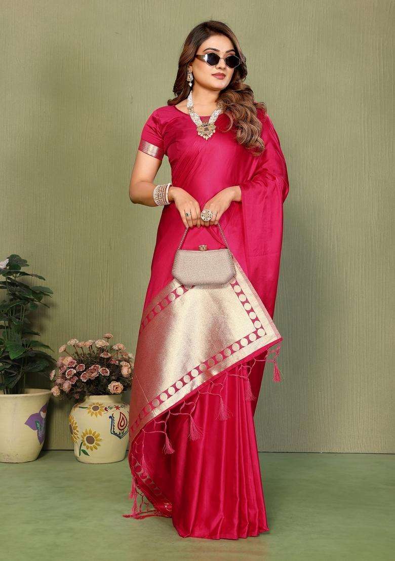 Magenta Zari Work Silk Blend Saree Set - Indya