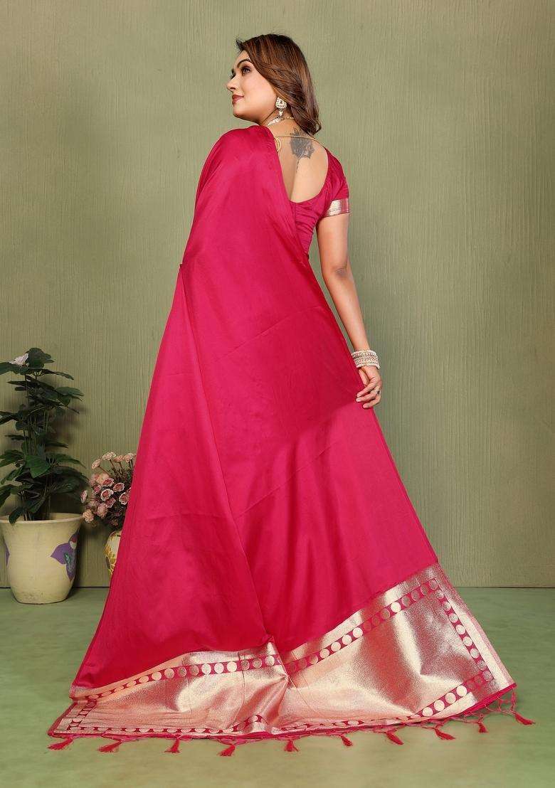 Magenta Zari Work Silk Blend Saree Set - Indya