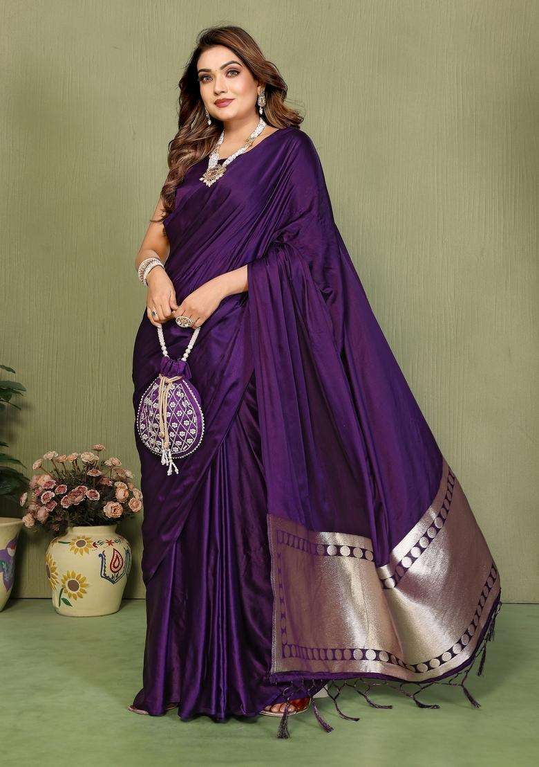 Purple Zari Work Silk Blend Saree Set - Indya