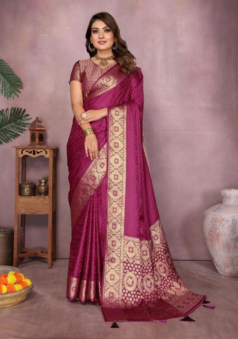 Wine Zari Work Silk Blend Saree Set - Indya