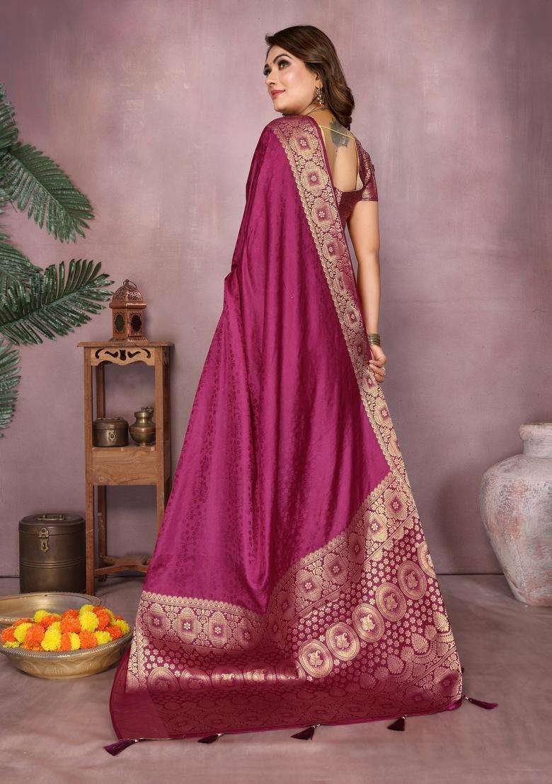 Wine Zari Work Silk Blend Saree Set - Indya