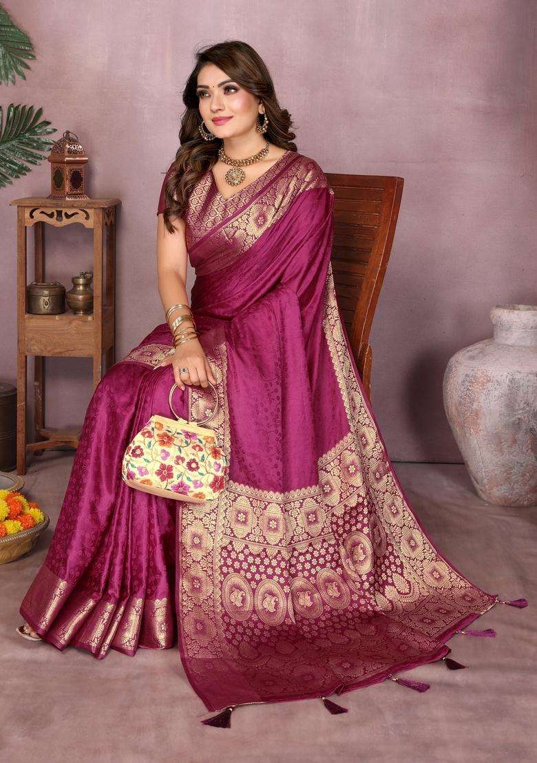 Wine Zari Work Silk Blend Saree Set - Indya