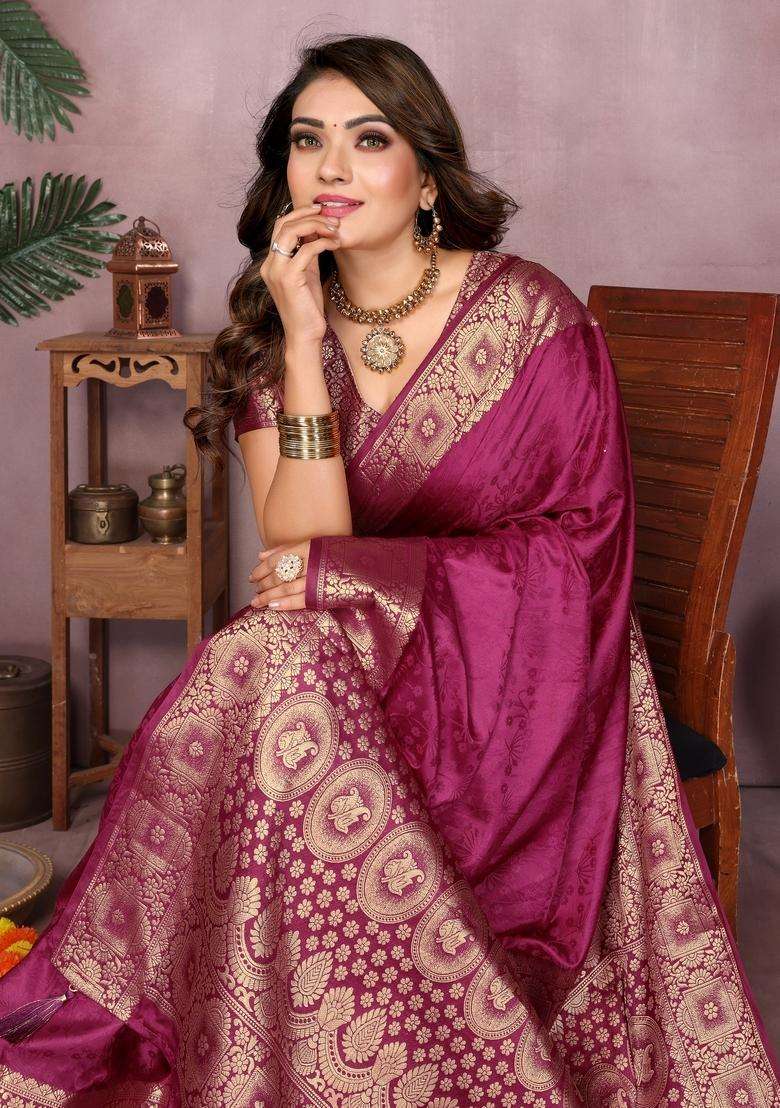 Wine Zari Work Silk Blend Saree Set - Indya