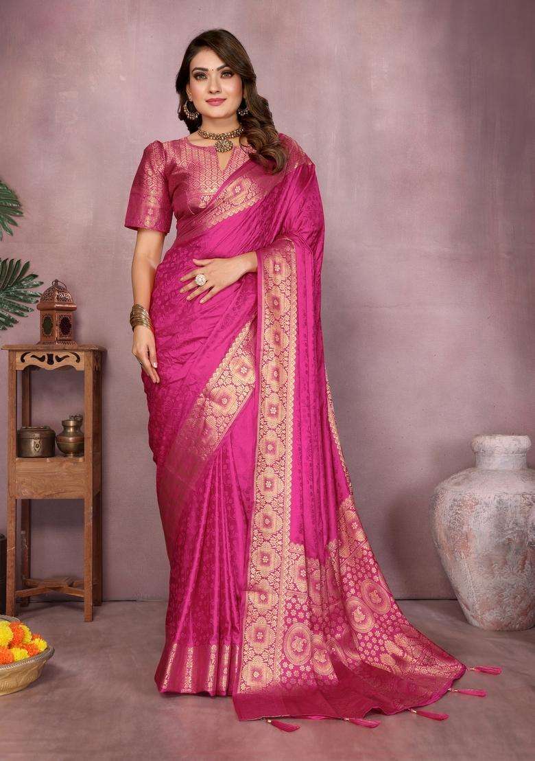 Magenta Zari Work Silk Blend Saree Set - Indya