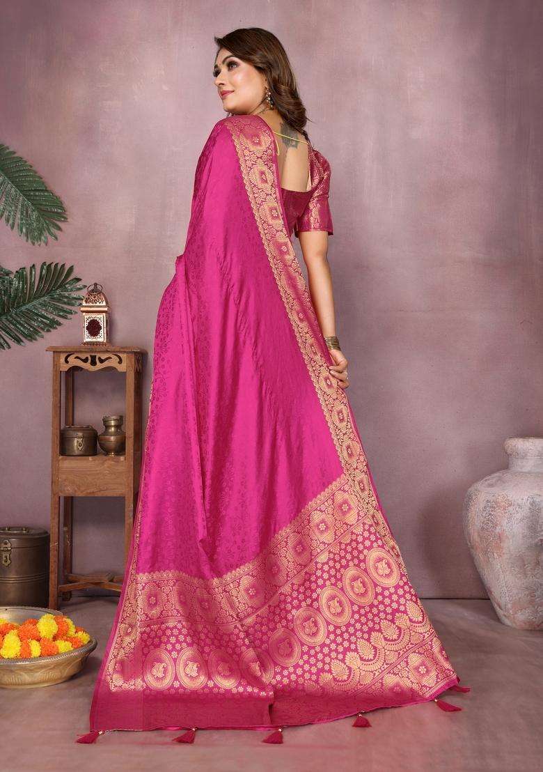Magenta Zari Work Silk Blend Saree Set - Indya