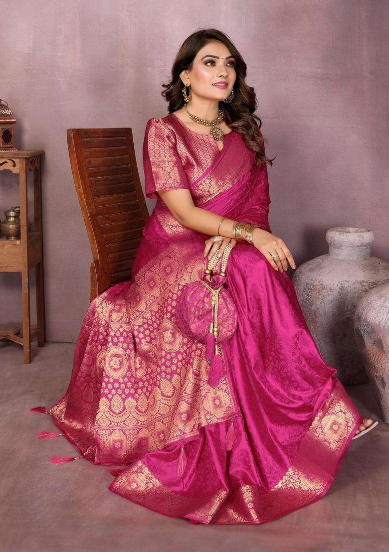 Magenta Zari Work Silk Blend Saree Set - Indya