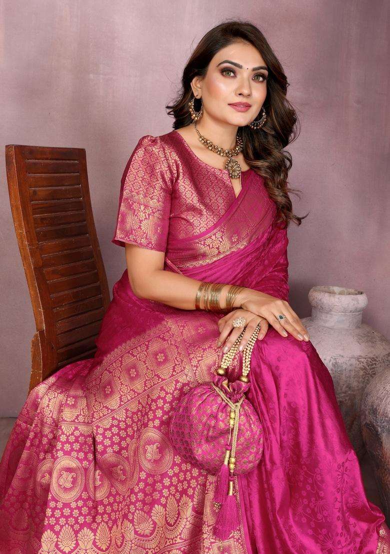 Magenta Zari Work Silk Blend Saree Set - Indya