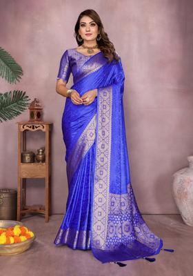 Royal Blue Zari Work Silk Saree Set