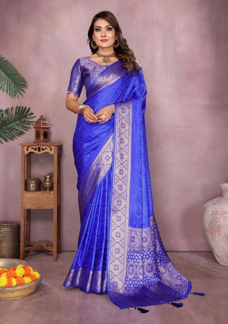 Royal Blue Zari Work Silk Blend Saree Set - Indya