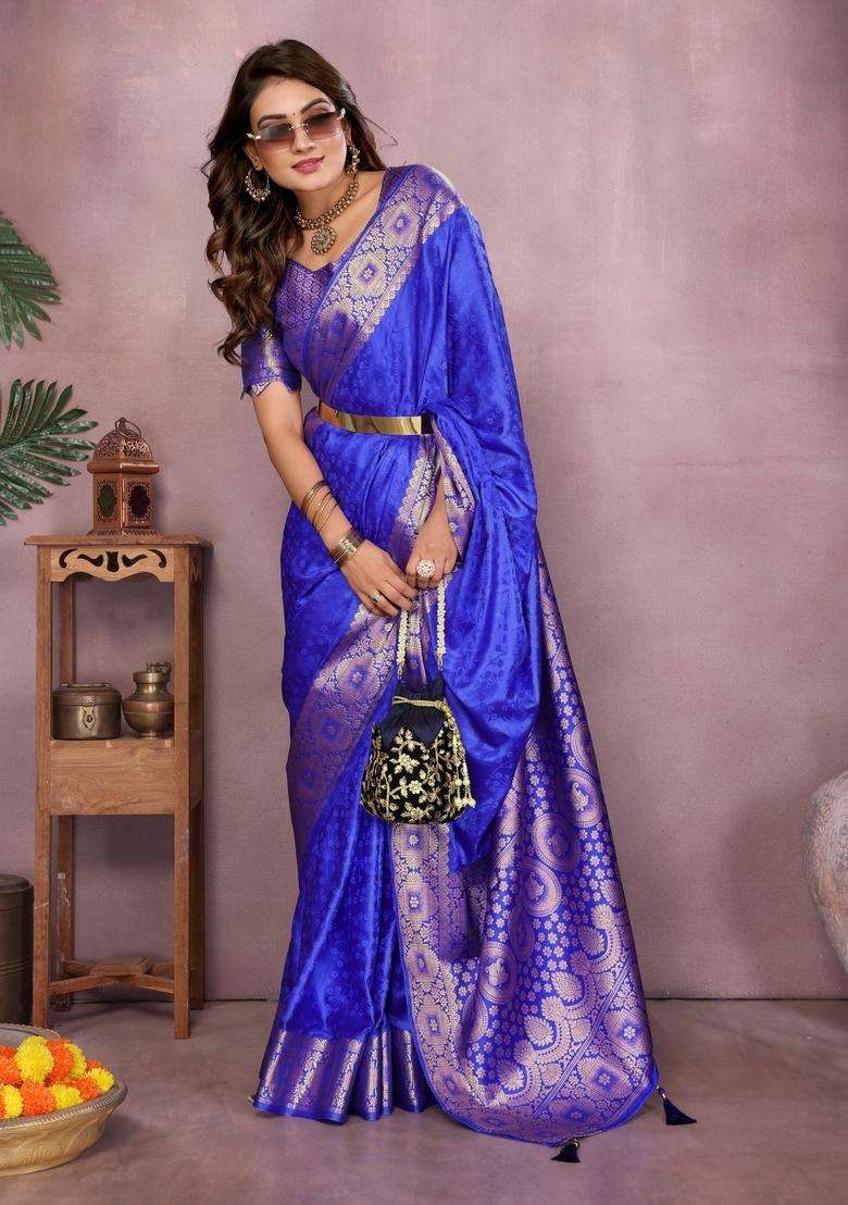 Royal Blue Zari Work Silk Blend Saree Set - Indya
