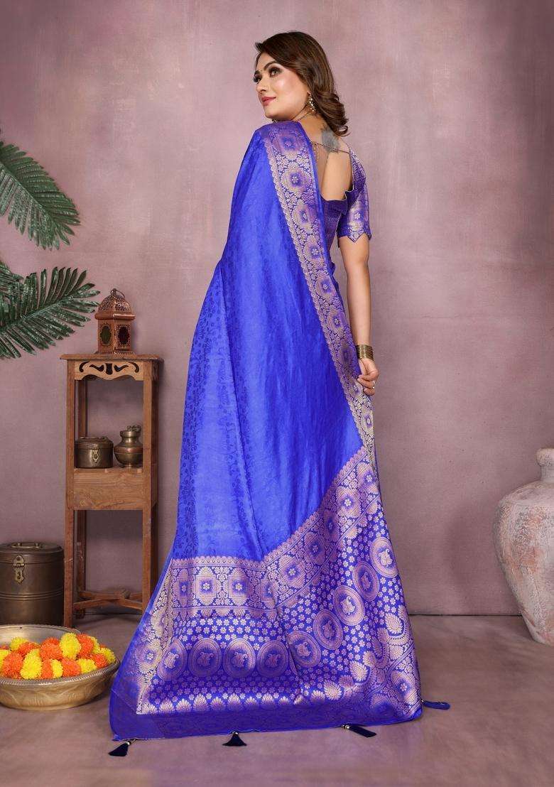 Royal Blue Zari Work Silk Blend Saree Set - Indya