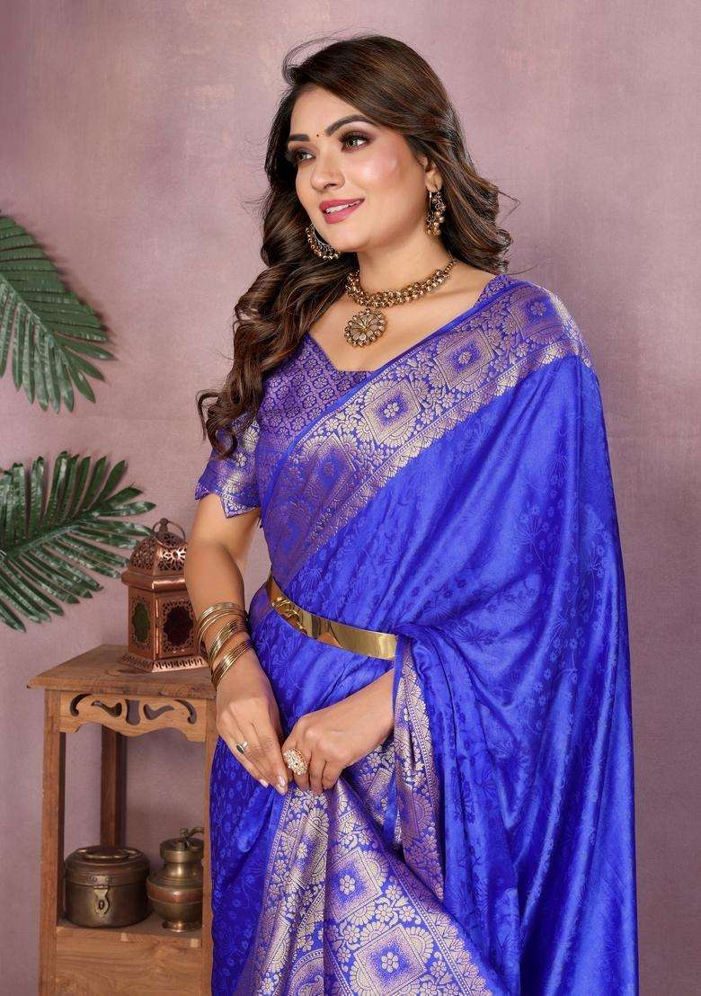 Royal Blue Zari Work Silk Blend Saree Set - Indya