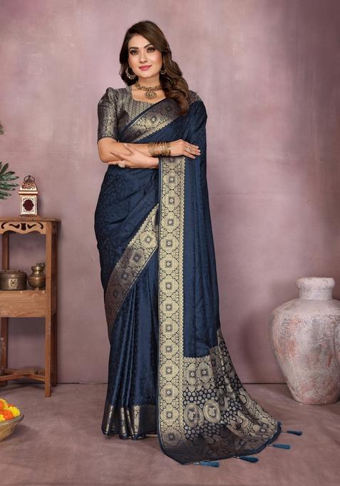 Navy Blue Zari Work Silk Saree Set