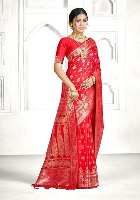 Red Zari Work Silk Saree Set