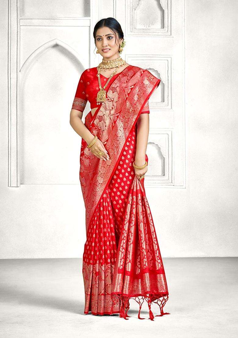 Red Zari Work Silk Blend Saree Set - Indya
