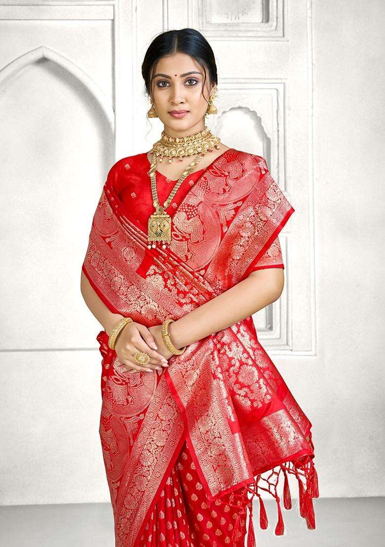 Red Zari Work Silk Blend Saree Set - Indya