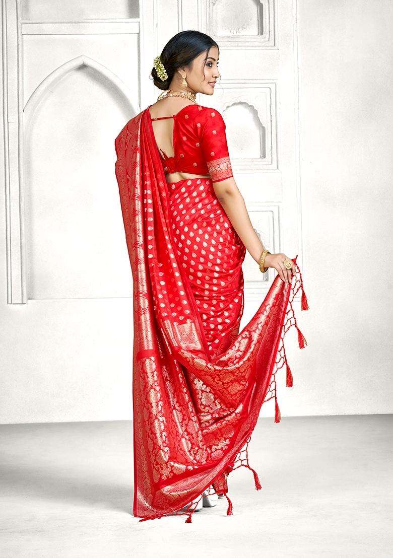 Red Zari Work Silk Blend Saree Set - Indya