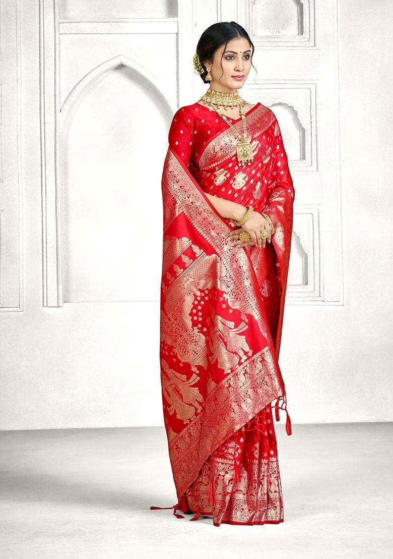 Red Zari Work Silk Blend Saree Set - Indya