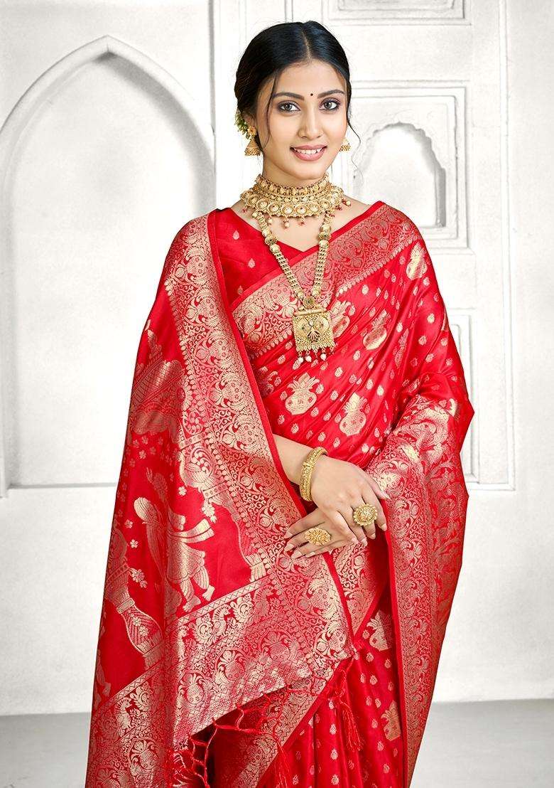 Red Zari Work Silk Blend Saree Set - Indya