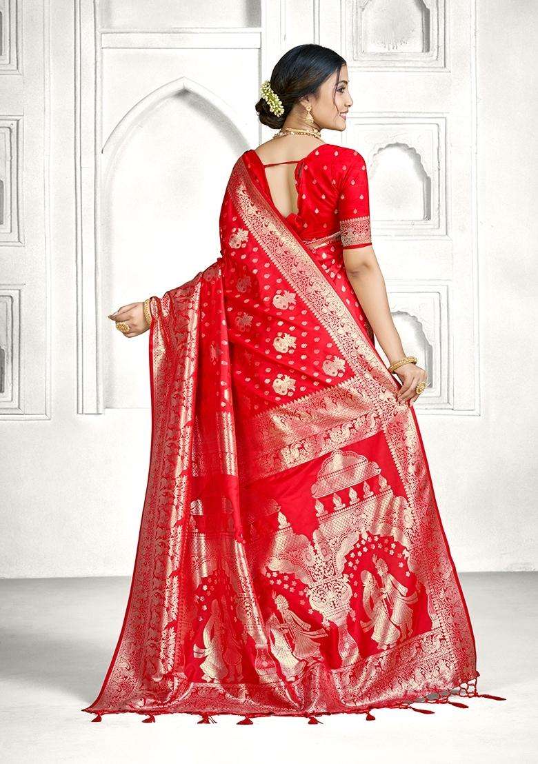 Red Zari Work Silk Blend Saree Set - Indya