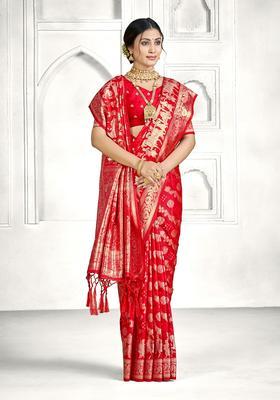Red Zari Work Silk Saree Set