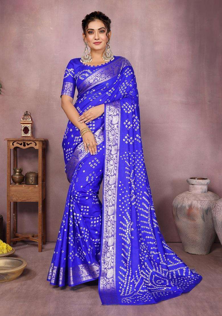 Royal Blue Zari Work Silk Blend Saree Set - Indya