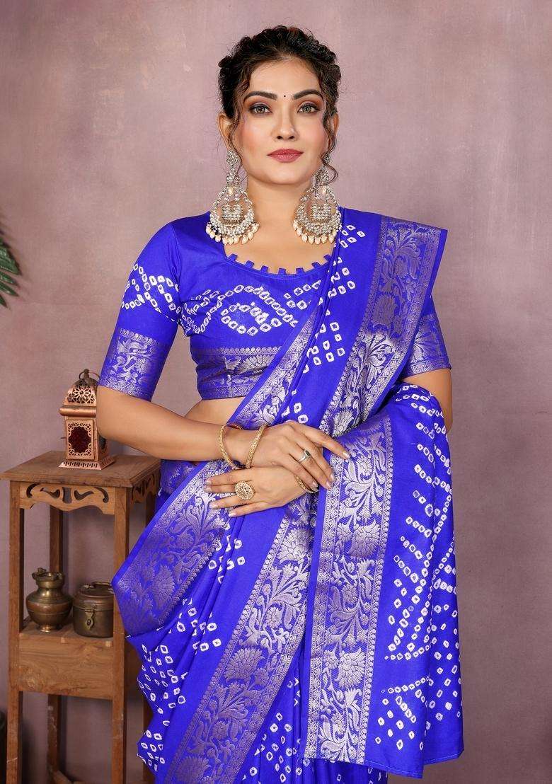 Royal Blue Zari Work Silk Blend Saree Set - Indya