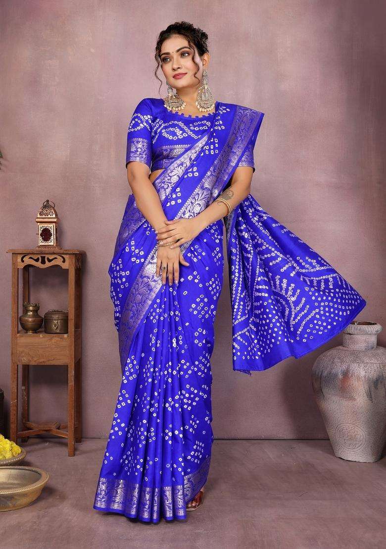 Royal Blue Zari Work Silk Blend Saree Set - Indya