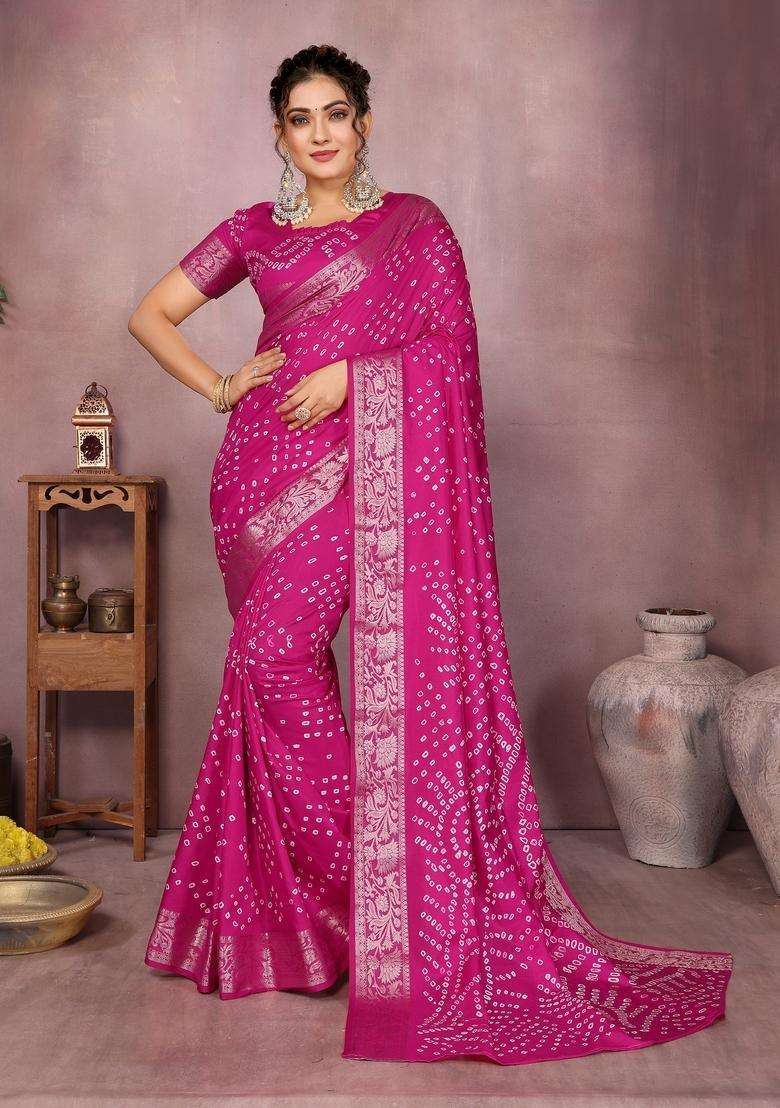 Magenta Zari Work Silk Blend Saree Set - Indya